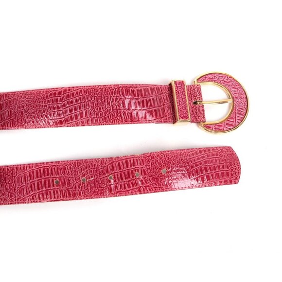 Vintage J. Michaels Leather Belt Red Gold Reptile Embossed Half Moon Buckle - Picture 5 of 7